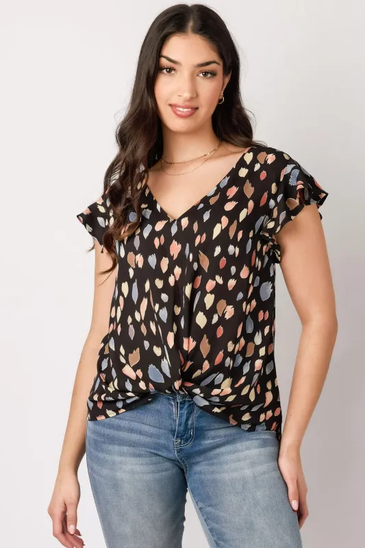 Abstract-Print Flutter-Sleeve V-Neck Blouse with Twisted Hem sold by Eclipse