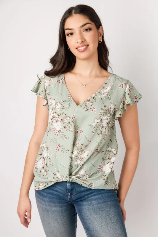 Flutter-Sleeve V-Neck Blouse with Twisted Hem sold by Eclipse