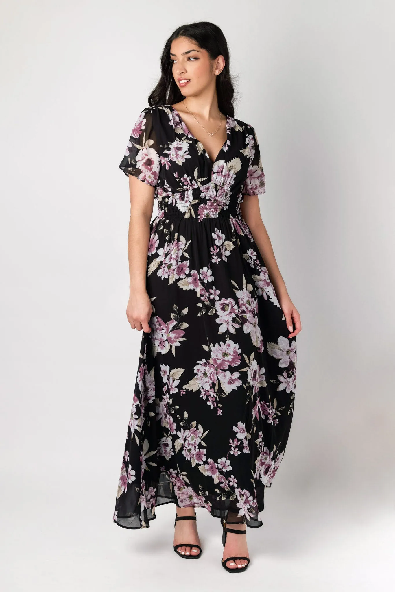 Floral Chiffon Flutter Sleeve Maxi Dress sold by Eclipse