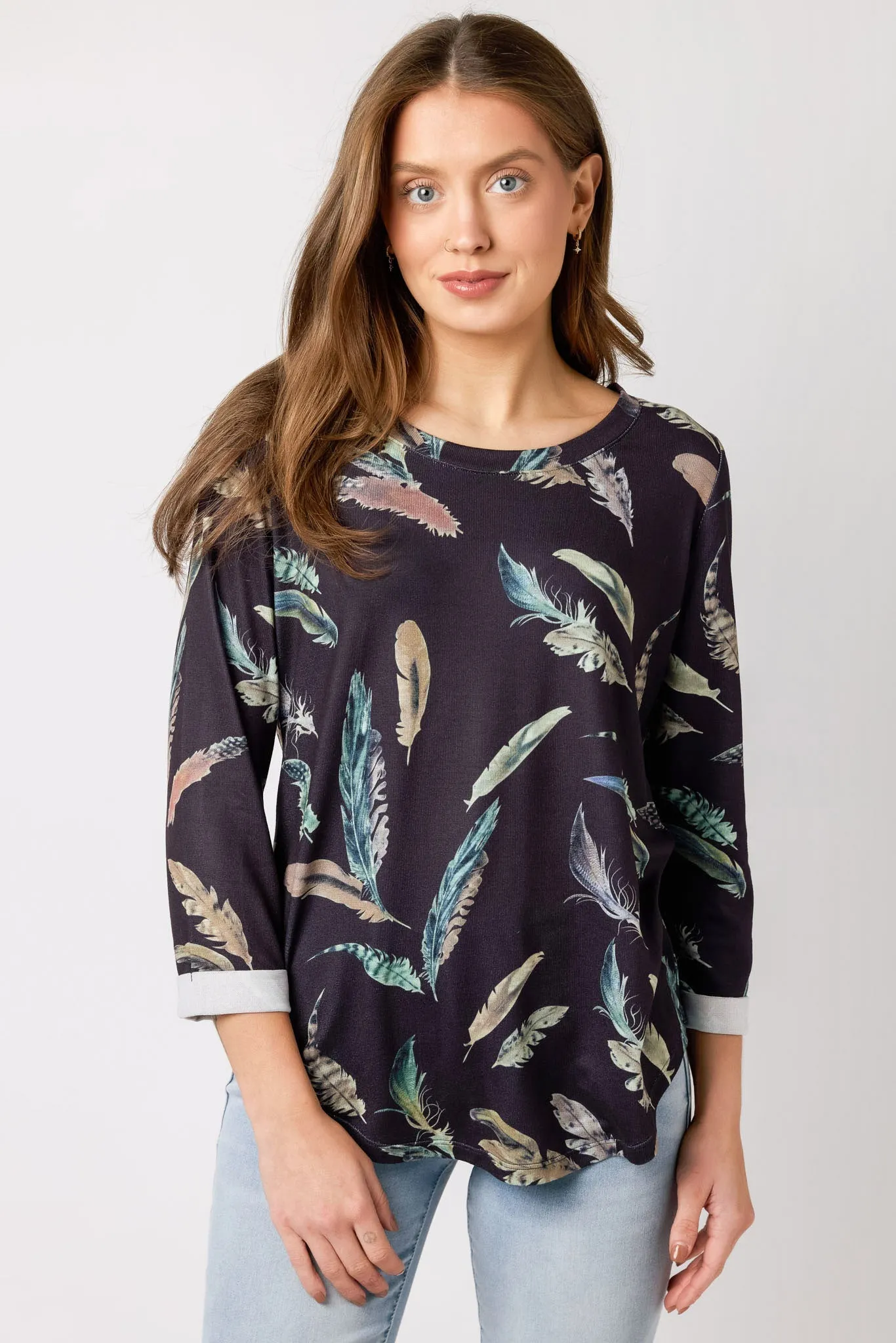 Navy 3/4-Sleeve Printed Sweater sold by Eclipse