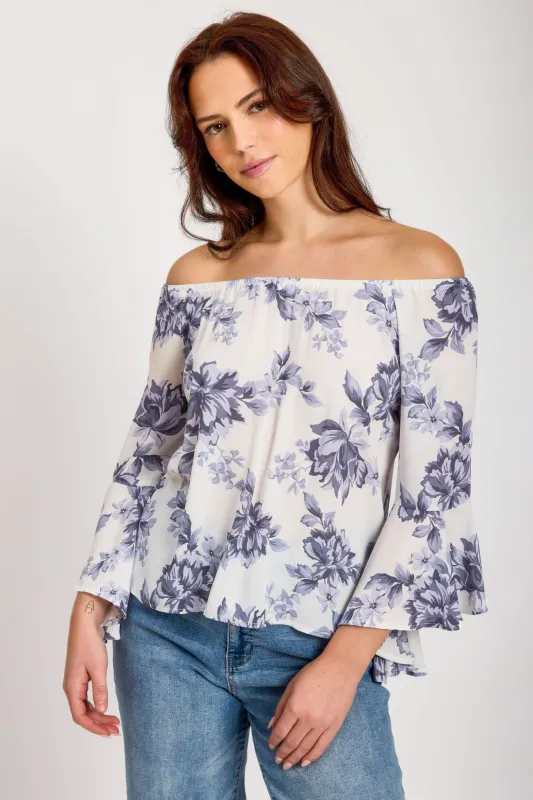 Blue Floral Bell-Sleeve Off-The-Shoulder Blouse sold by Eclipse