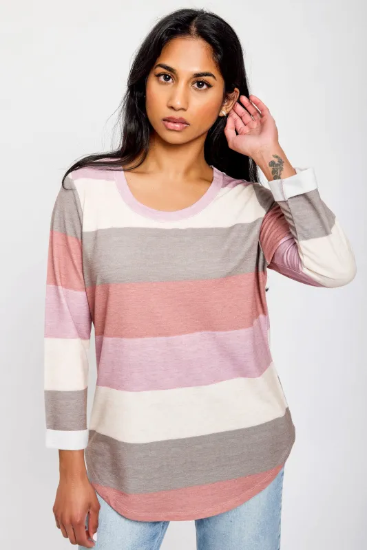 Mauve Striped 3/4 Sleeve Scoop-Neck Shirt with Shirttail Hem sold by Eclipse