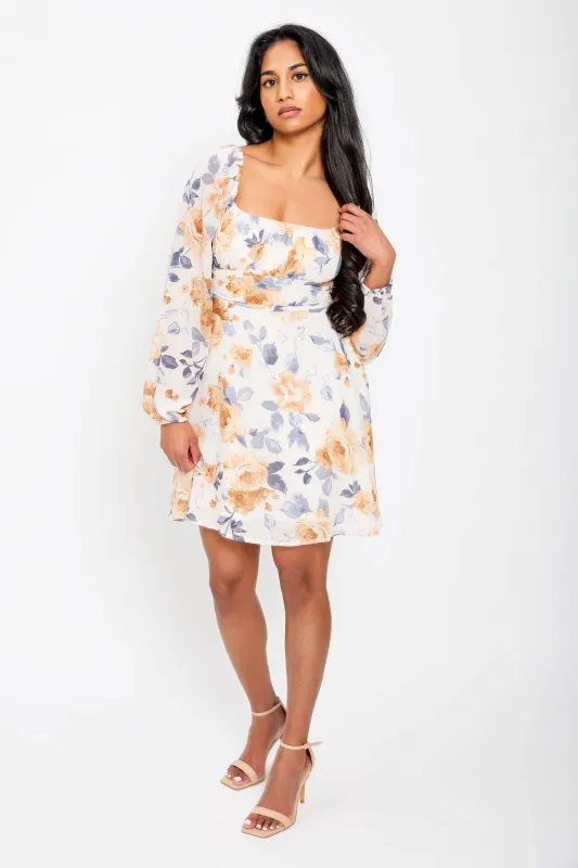 Floral Chiffon Tie-Back Balloon Sleeve Dress sold by Eclipse