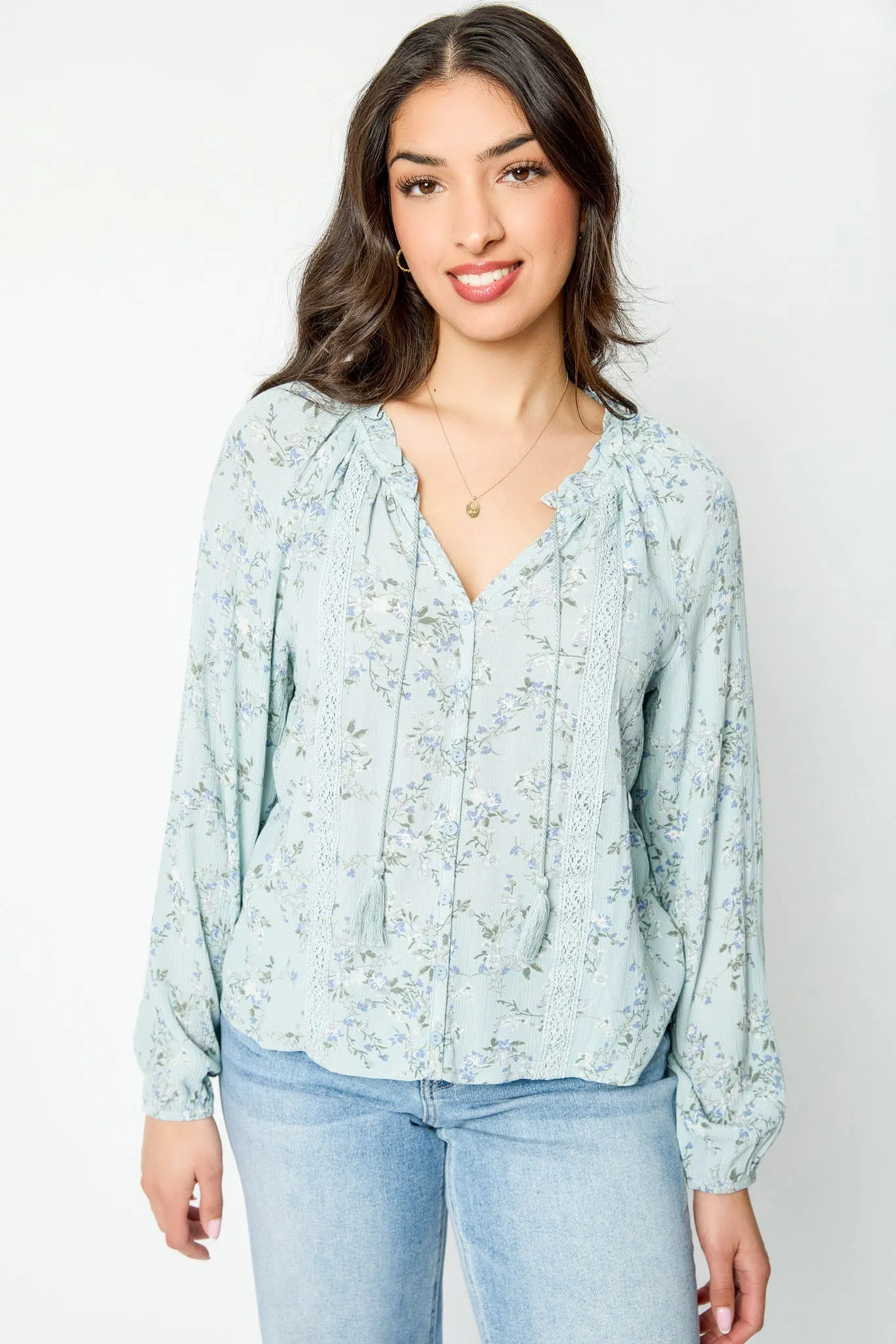 Floral Long-Sleeve Blouse with Lace Trim sold by Eclipse