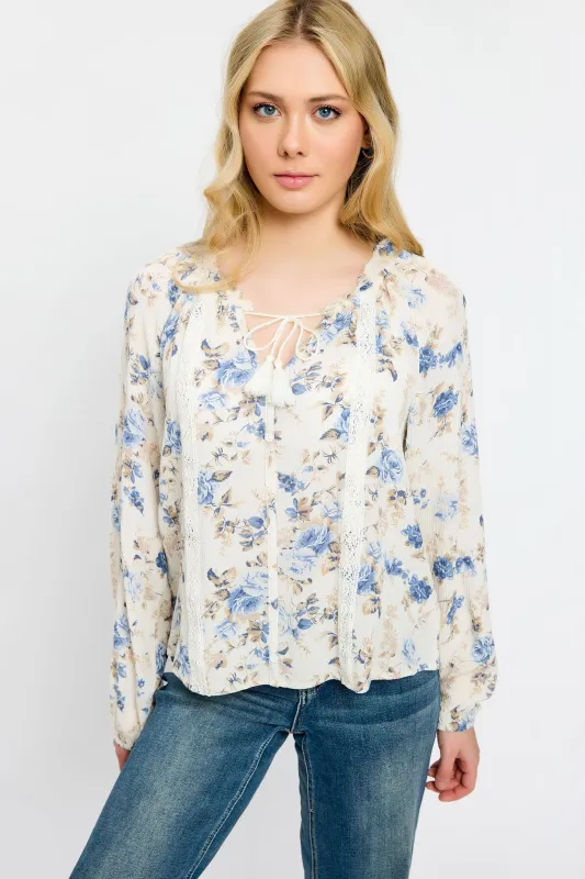 Floral Long-Sleeve Blouse with Tie Detail sold by Eclipse