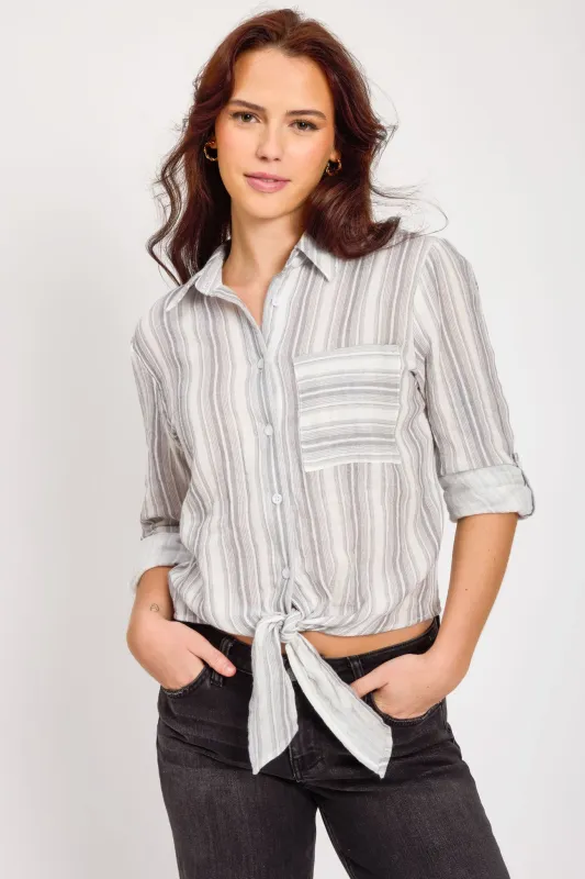 Stripe Roll-up Sleeve Shirt with Tie-Front Detail sold by Eclipse