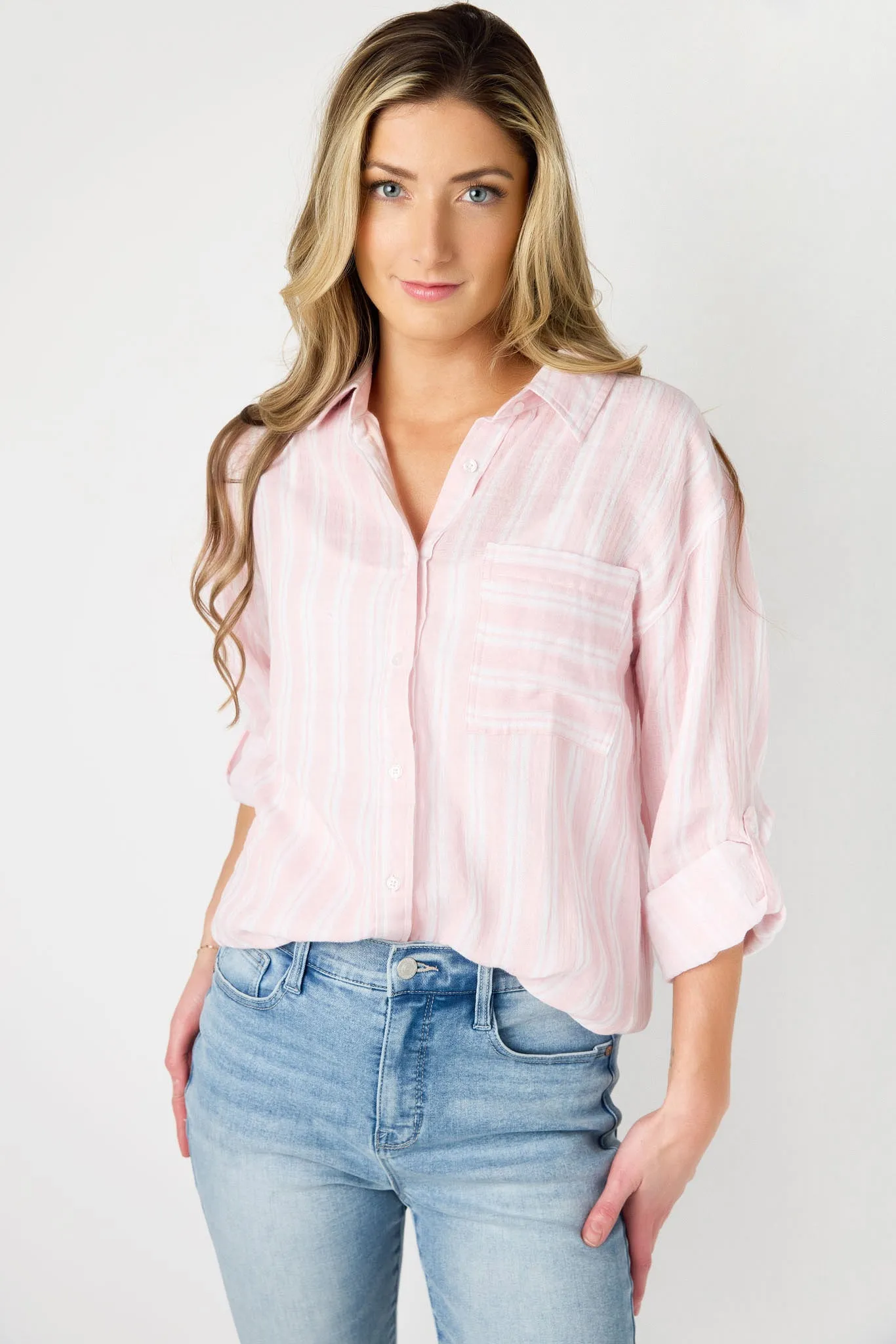 Striped Double-Cotton Tunic Length Shirt with Roll-Up Sleeves sold by Eclipse