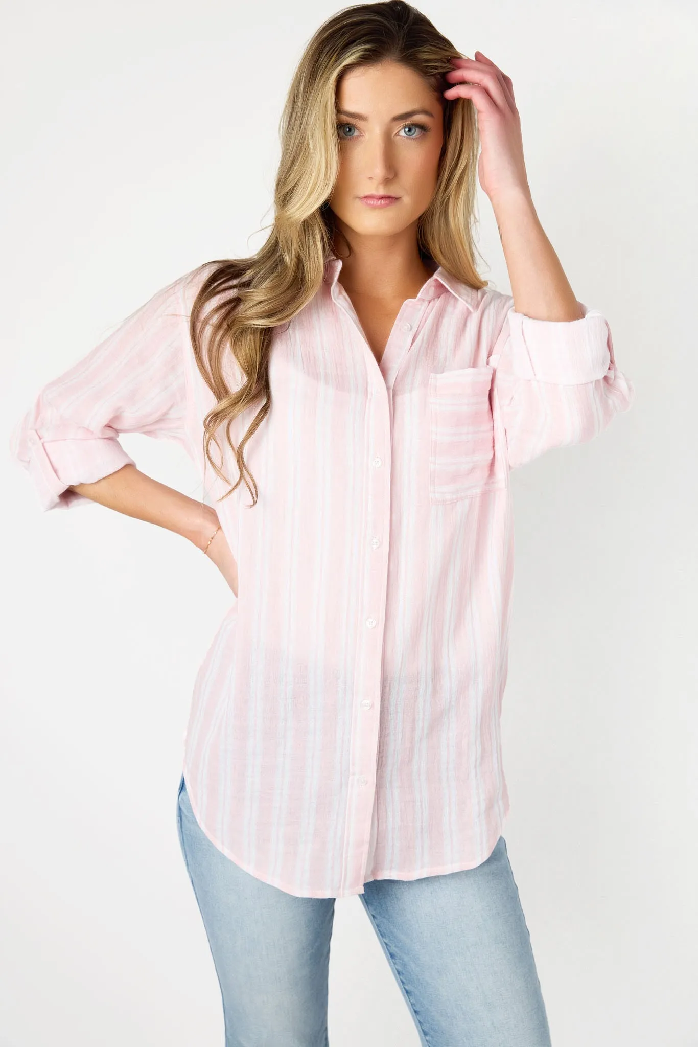 Striped Double-Cotton Tunic Length Shirt with Roll-Up Sleeves sold by Eclipse product image thumbnail 3