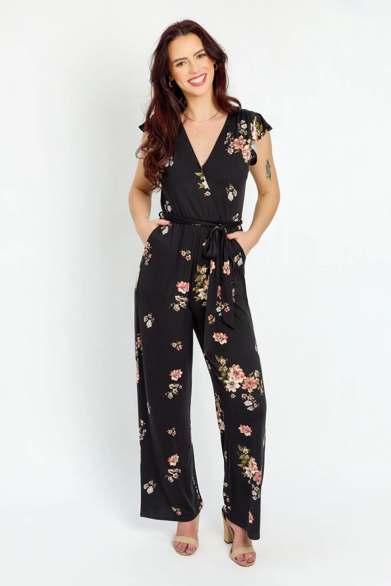 Floral Flutter Sleeve Crossover Jumpsuit with Tie-Belt sold by Eclipse