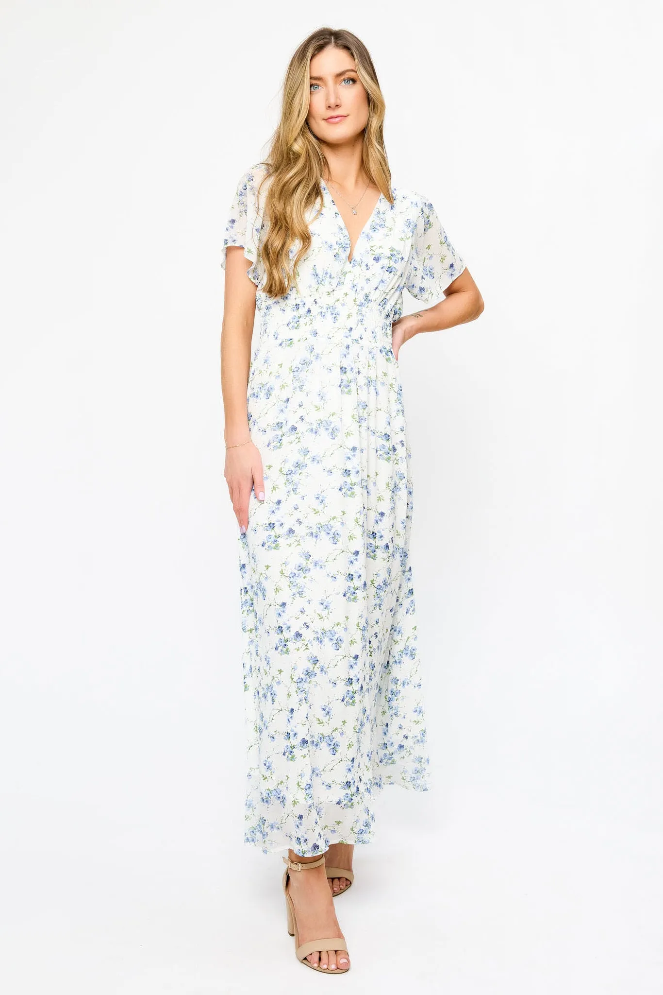 Ditsy Chiffon Flutter Sleeve Maxi Dress sold by Eclipse
