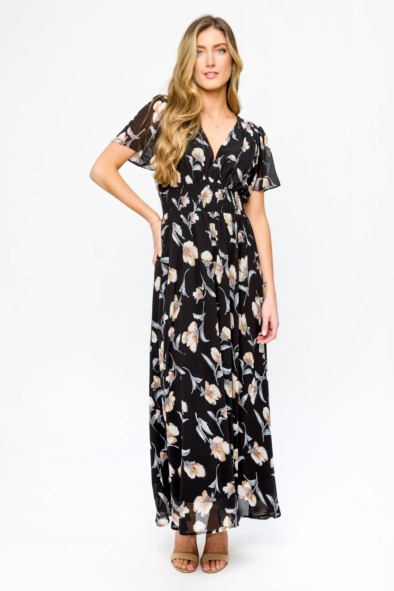 Floral Chiffon Flutter Sleeve Maxi Dress sold by Eclipse