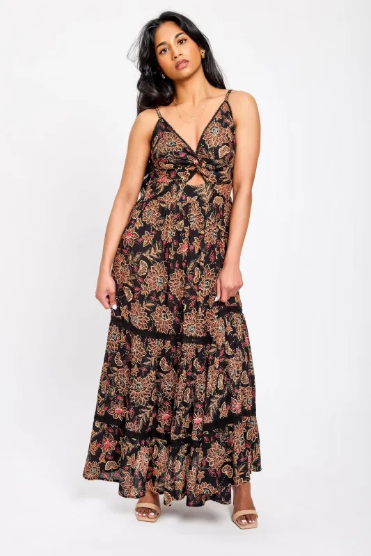 Floral Sleeveless Maxi Dress with Cut-out and Crochet Trim sold by Eclipse