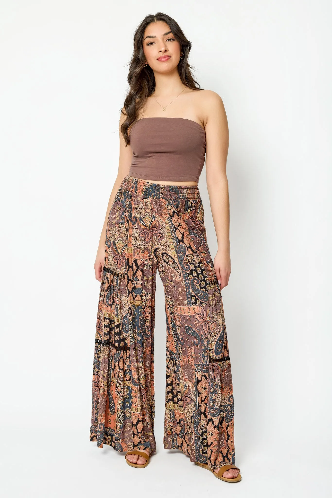 Patchwork Tiered Wide-Leg Pant with Crochet Trim sold by Eclipse