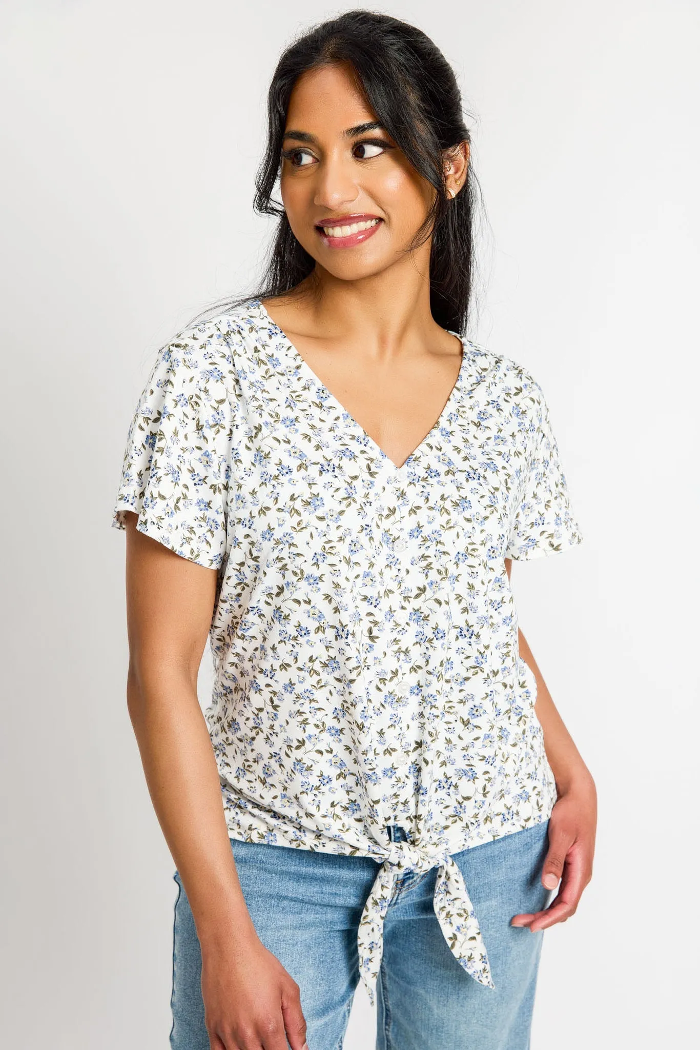 Ditsy Flutter-Sleeve V-Neck Top with Tie-Front sold by Eclipse