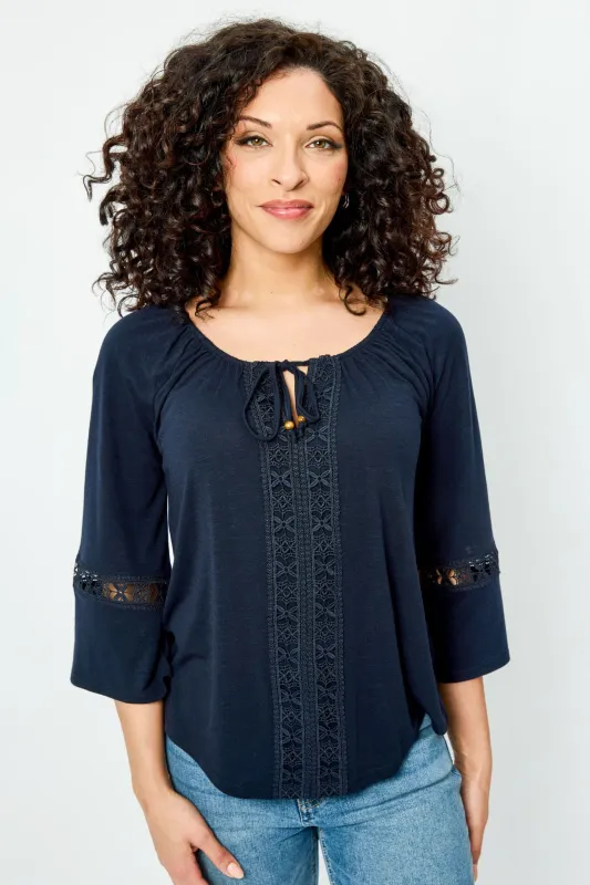Long-Sleeve Blouse with Lace Trim and Tie Detail sold by Eclipse