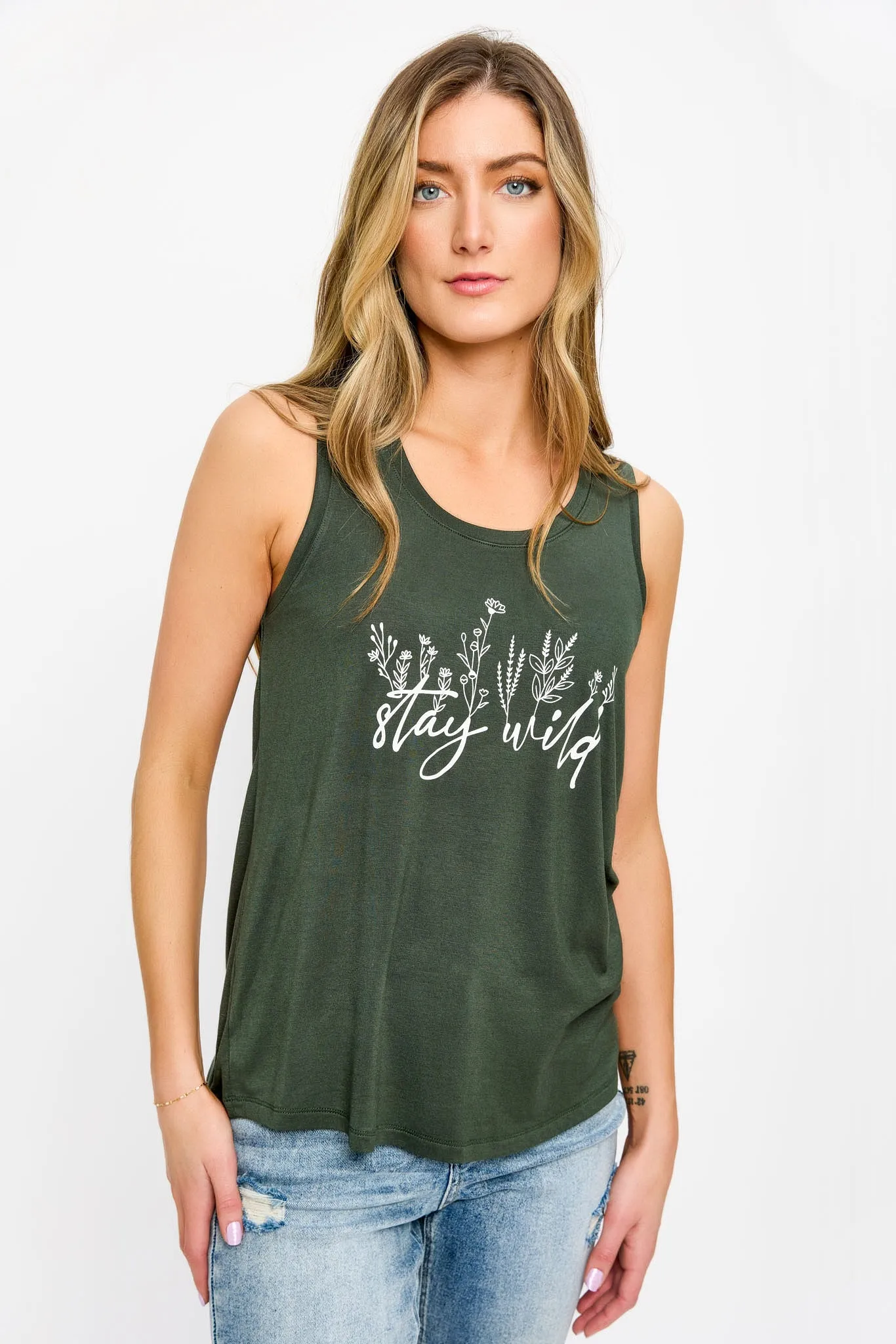 "Stay Wild" Sleeveless Crew-Neck Tank with Shirttail hem sold by Eclipse