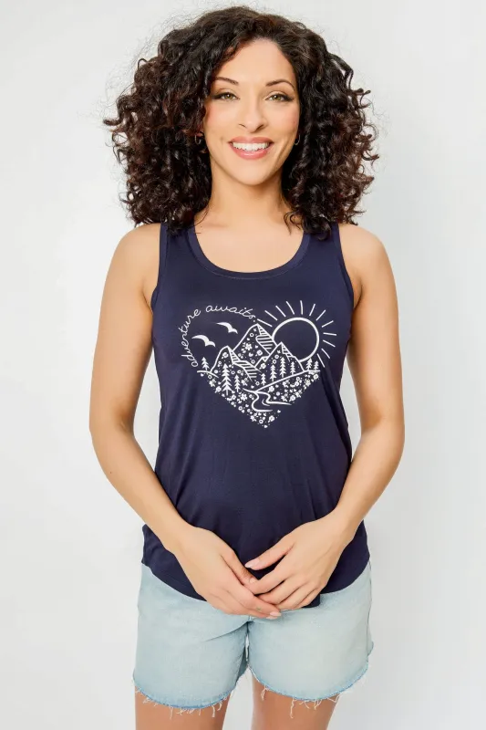 "Adventure Awaits" Sleeveless Crew-Neck Tank with Shirttail hem sold by Eclipse