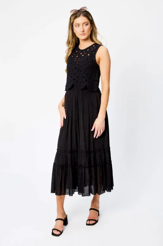 Gauze Sleeveless Crew-Neck Maxi Dress with Crochet Shell sold by Eclipse
