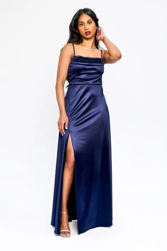 Satin Spaghetti Strap Pleated Bust Maxi Dress with Side Slit sold by Eclipse