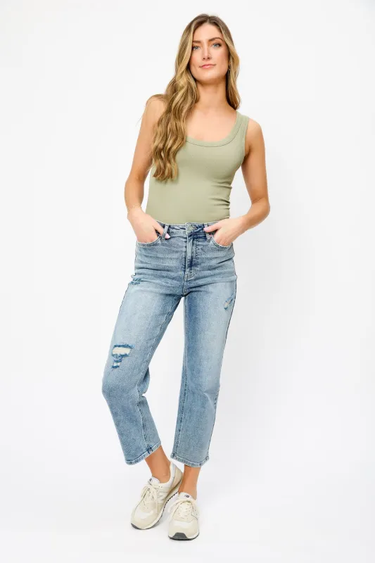 YMI Distressed Mid-Wash High-Rise Cropped Jean sold by Eclipse