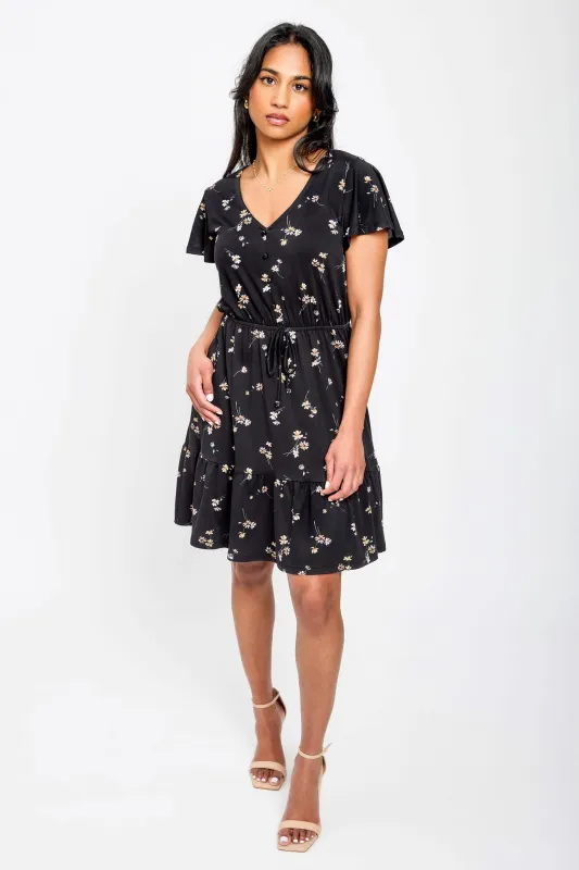Daisy-Print Flutter-Sleeve V-Neck Dress sold by Eclipse