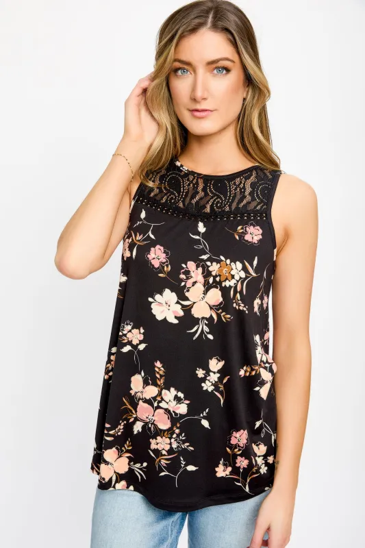 Floral Sleeveless Top with Lace Trim sold by Eclipse