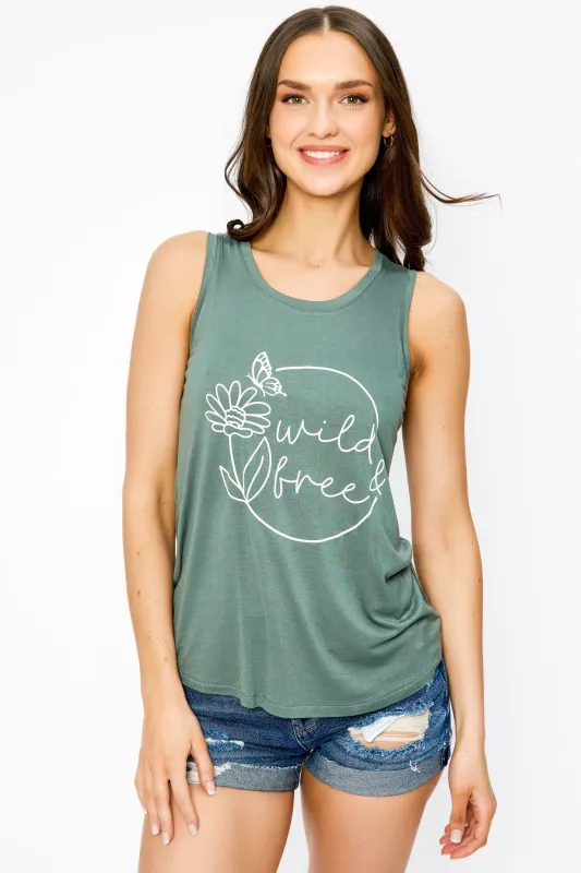 "Wild & Free" Scoop-Neck Graphic Tank Top with Shirttail Hem sold by Eclipse