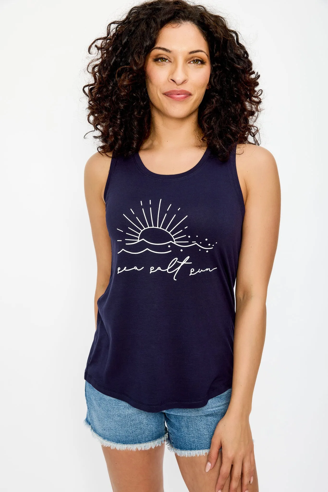 "Sea Salt Sun" Scoop-Neck Graphic Tank Top with Shirttail Hem sold by Eclipse