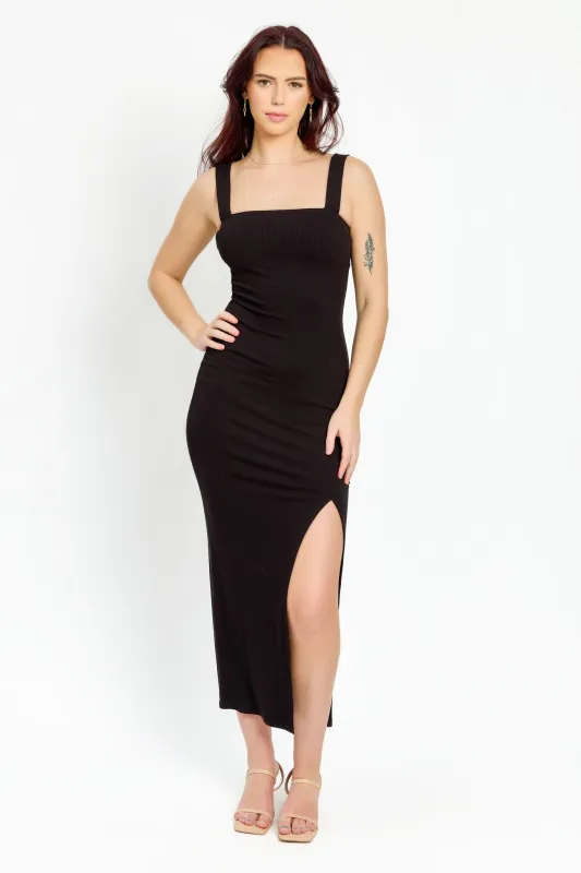 Ribbed Square-Neck Maxi Dress with Side Slit sold by Eclipse
