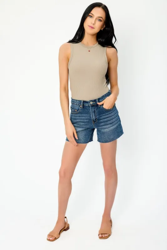 Almost Famous Dark Wash High-Rise Short with Frayed Hem sold by Eclipse