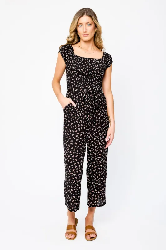 Ditsy Smocked Off-The-Shoulder Jumpsuit with Tie-Belt sold by Eclipse