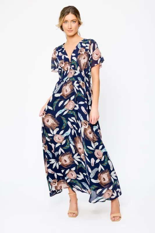Feather Flutter Sleeve V-Neck Maxi Dress with Smocked Waist sold by Eclipse