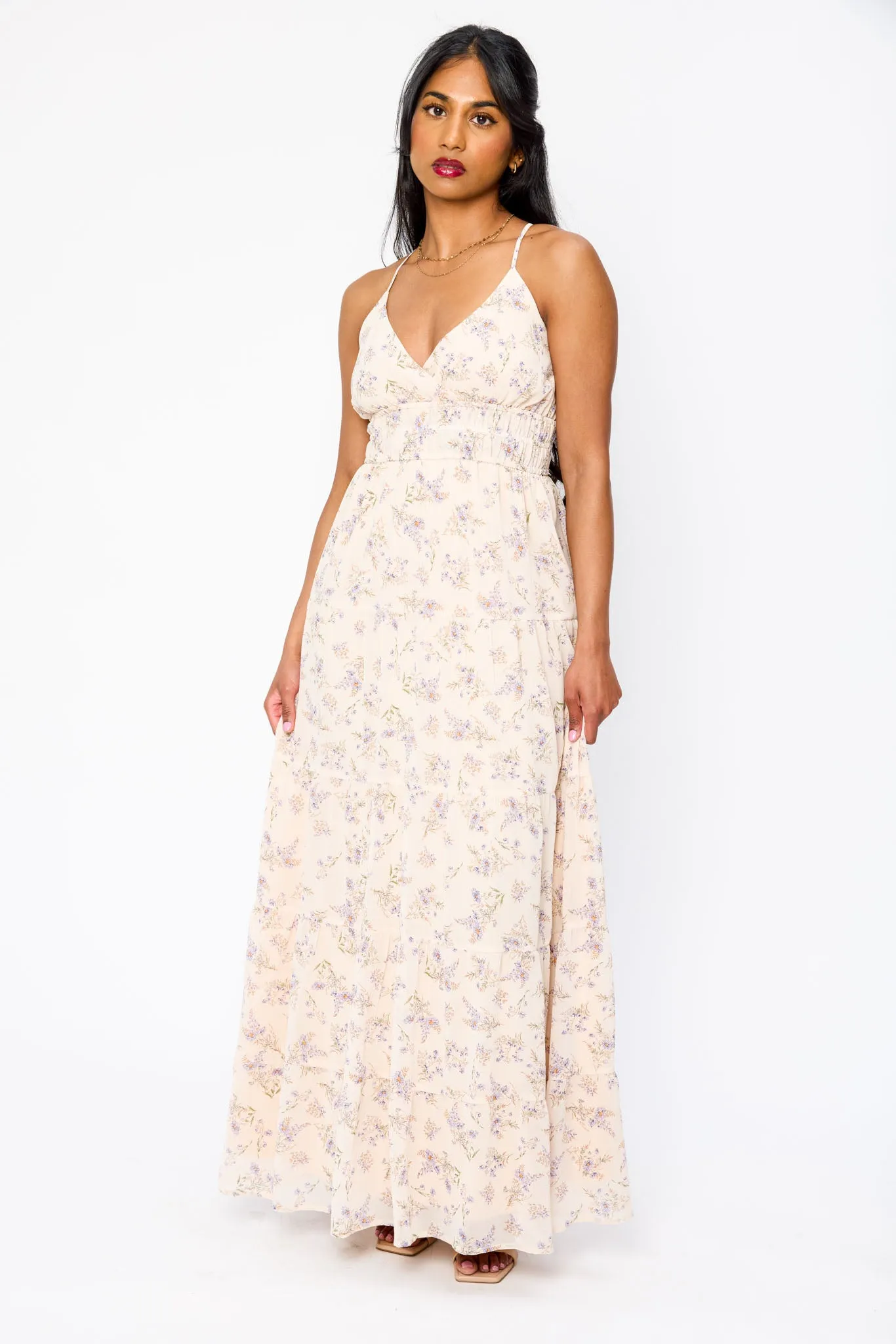 Floral Chiffon Spaghetti Strap V-Neck Maxi Dress with Smocked Back sold by Eclipse