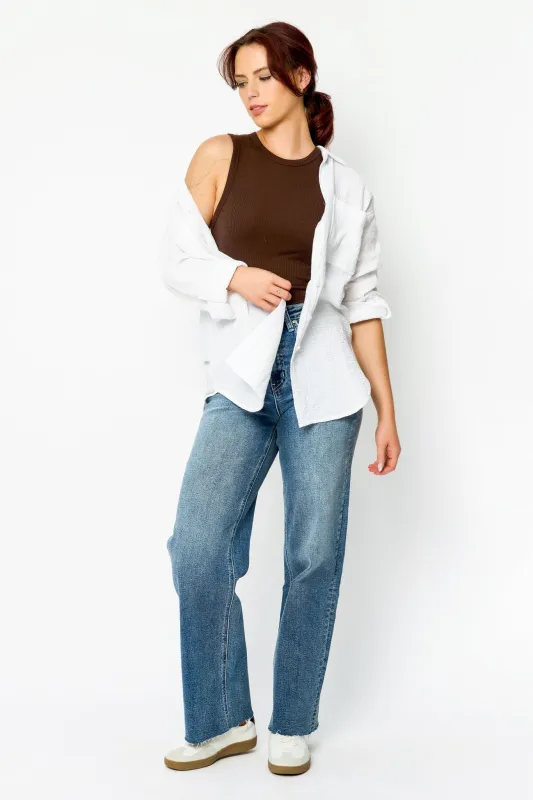 Tattoo Frayed-Hem Mid-Wash High-Rise Straight Jean sold by Eclipse