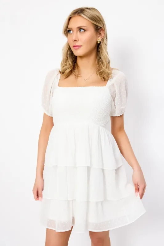 Swiss Dot Chiffon Balloon-Sleeve Tiered Dress made by Eclipse