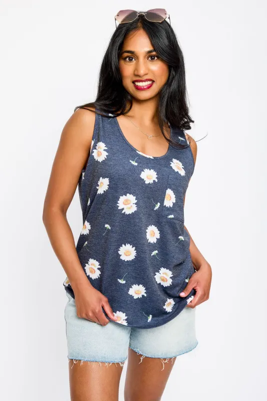 Daisy Print Sleeveless Scoop-Neck French Terry Tank sold by Eclipse