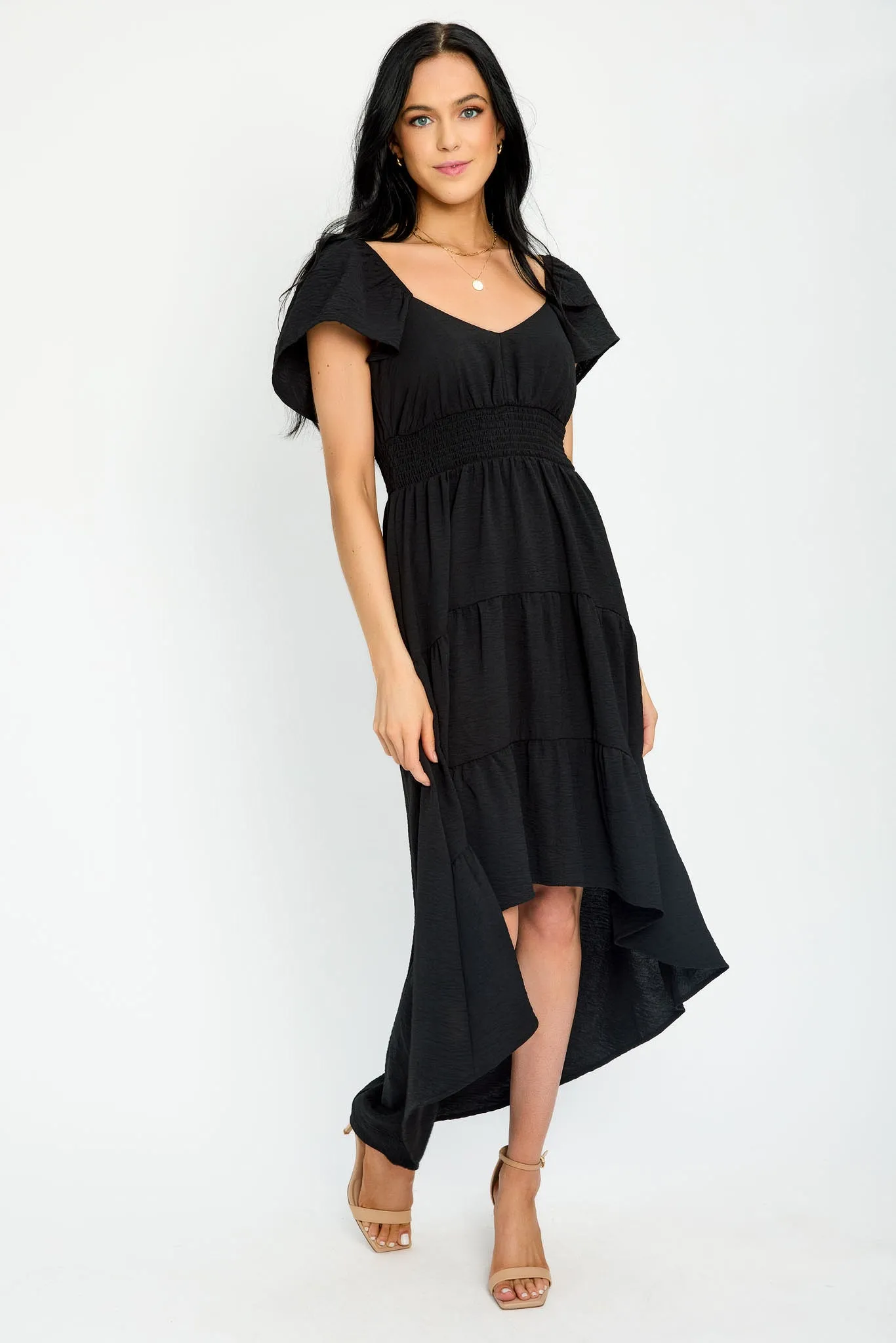 Flutter Sleeve High-Low Tiered Maxi Dress sold by Eclipse