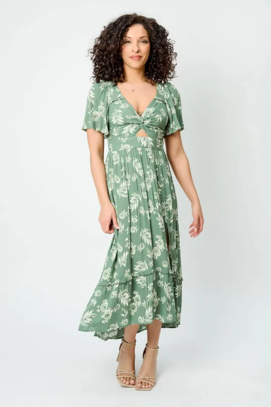 Floral Knotted V-Neck Bell Sleeve High-Low Maxi Dress with Cut-Out sold by Eclipse