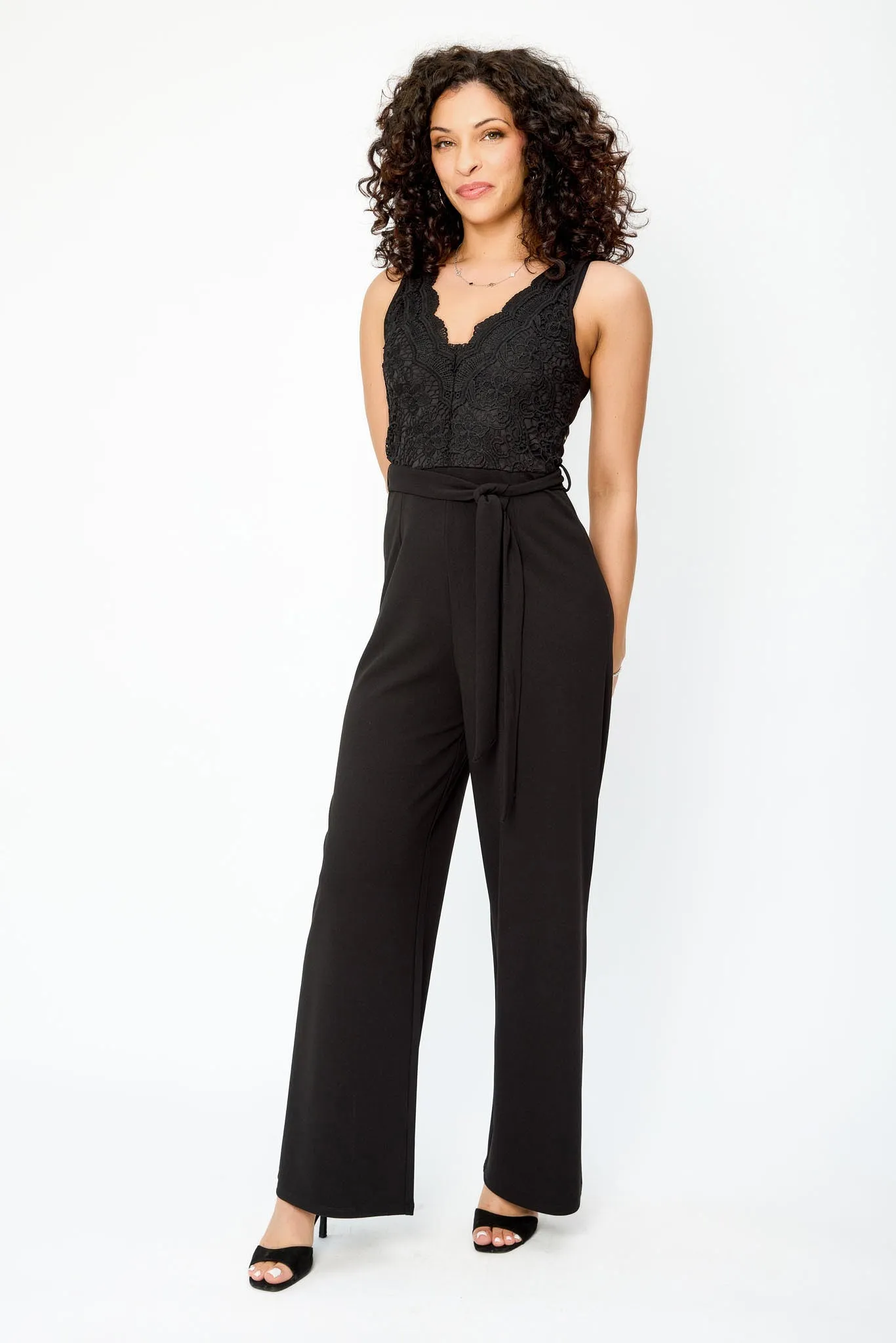 Lace Scalloped V-Neck Sleeveless Jumpsuit with Tie-Belt sold by Eclipse