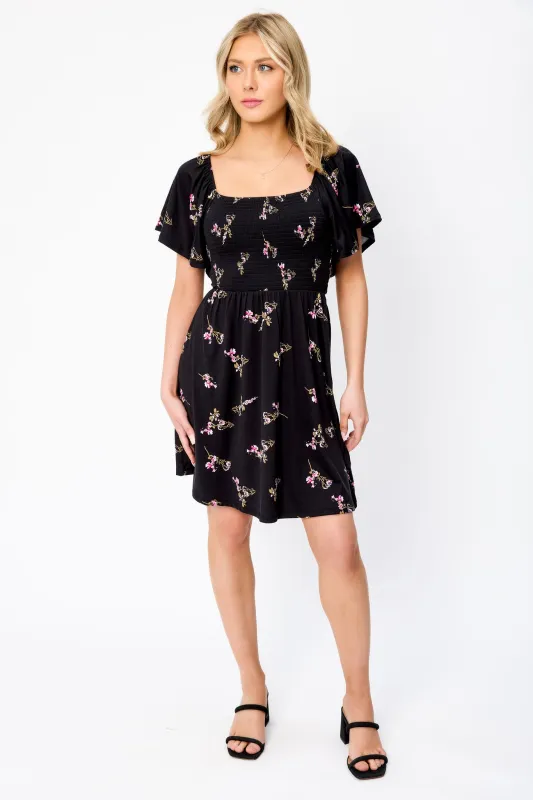 Small Floral Flounce Sleeve Square-Neck Dress with Smocked Top and Open Back sold by Eclipse