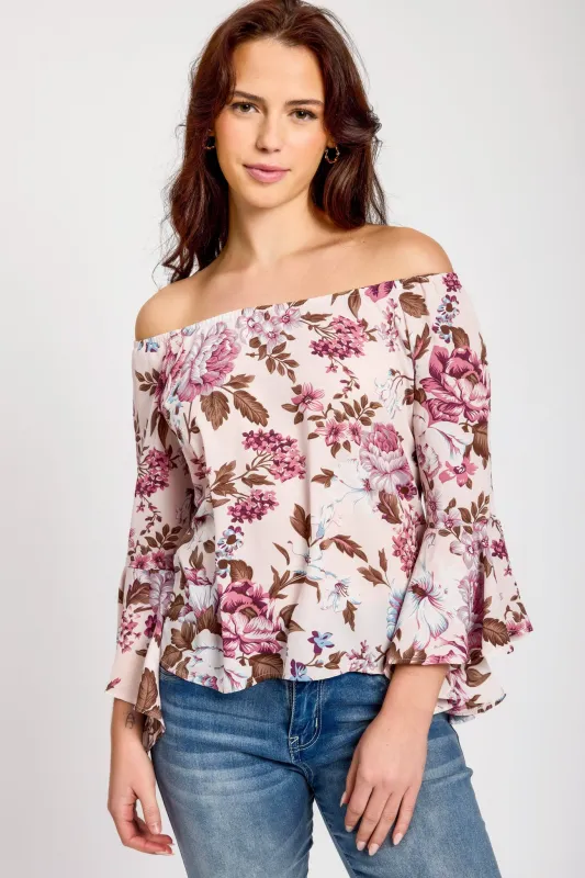 Pink Floral Bell-Sleeve Off-The-Shoulder Blouse sold by Eclipse