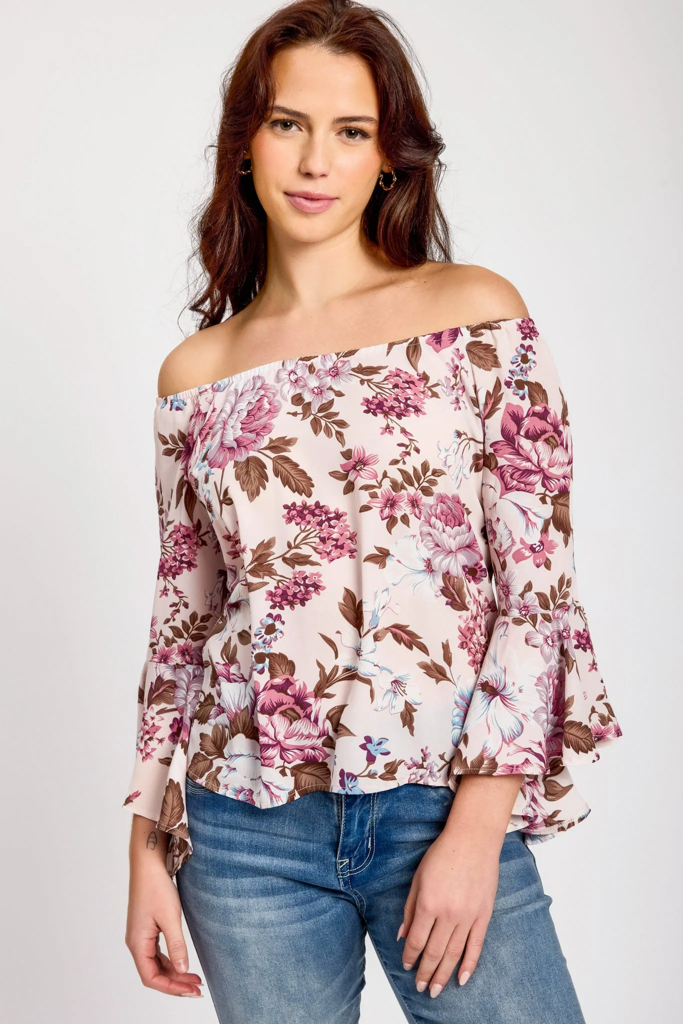Pink Floral Bell-Sleeve Off-The-Shoulder Blouse sold by Eclipse