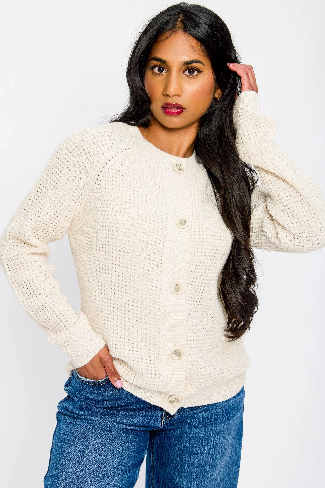 Waffle Crew-Neck Button-Front Cardigan sold by Eclipse product image thumbnail 3