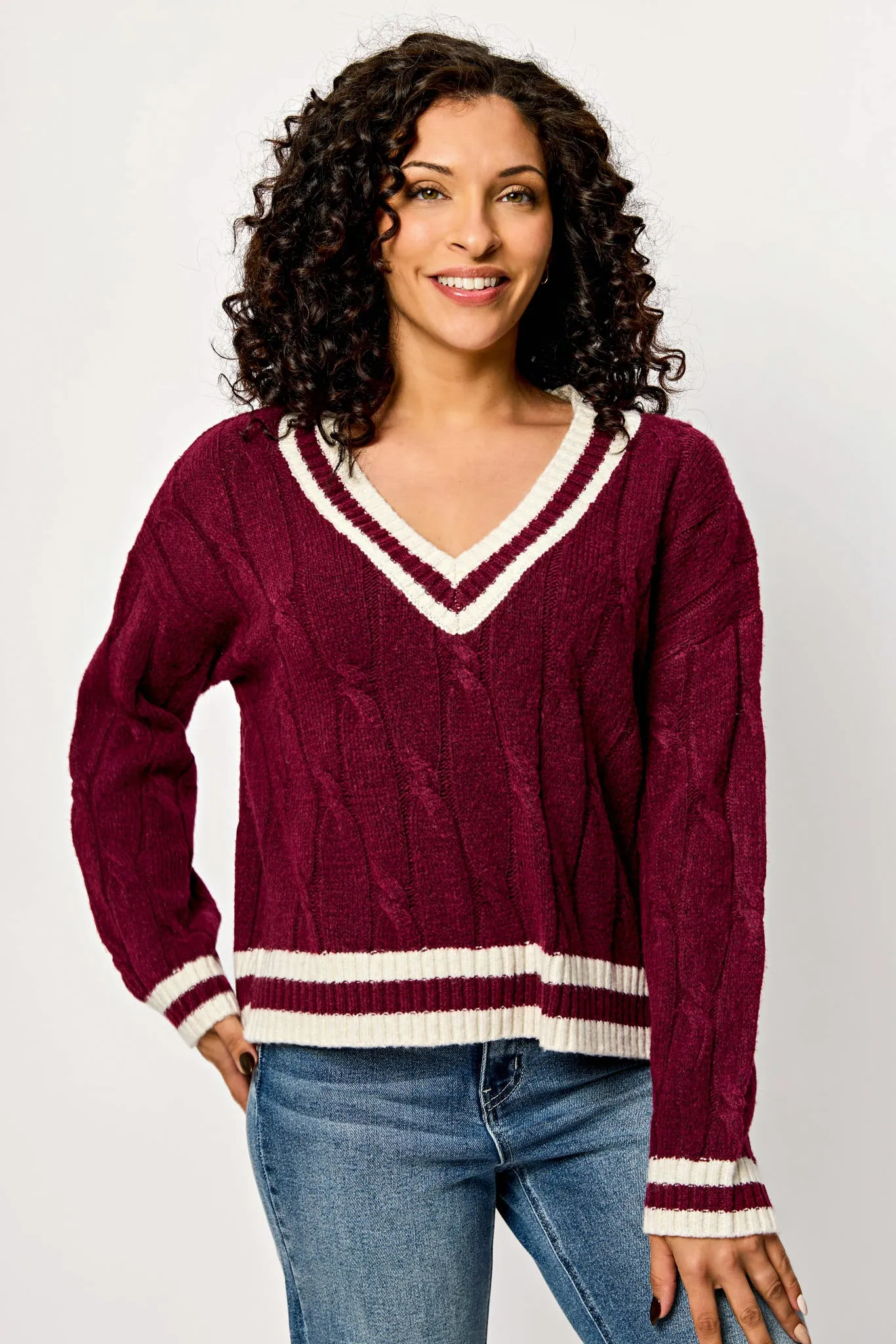 Varsity V-Neck Cable-Knit Sweater sold by Eclipse product image thumbnail 3