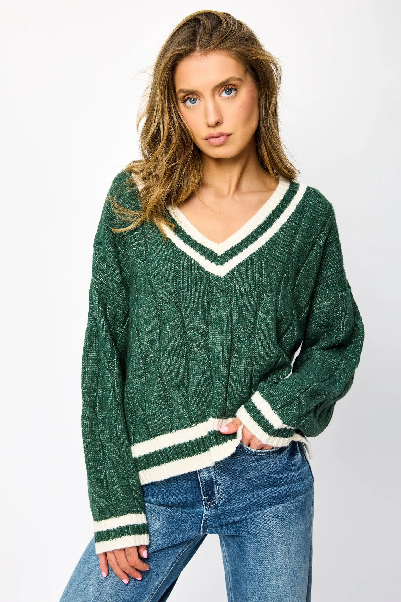 Varsity V-Neck Cable-Knit Sweater sold by Eclipse