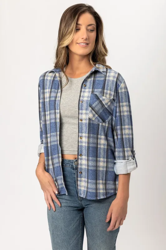 Denim Plaid Long Sleeve Cozy Knit Shirt with Roll-up Sleeves sold by Eclipse