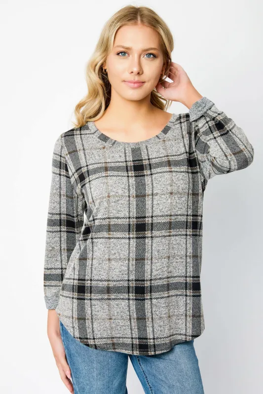 Plaid Scoop-Neck 3/4 Sleeve Sweater with Shirttail Hem sold by Eclipse
