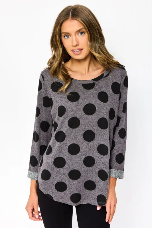 Polka Dot Scoop-Neck 3/4 Sleeve Sweater with Shirttail Hem sold by Eclipse