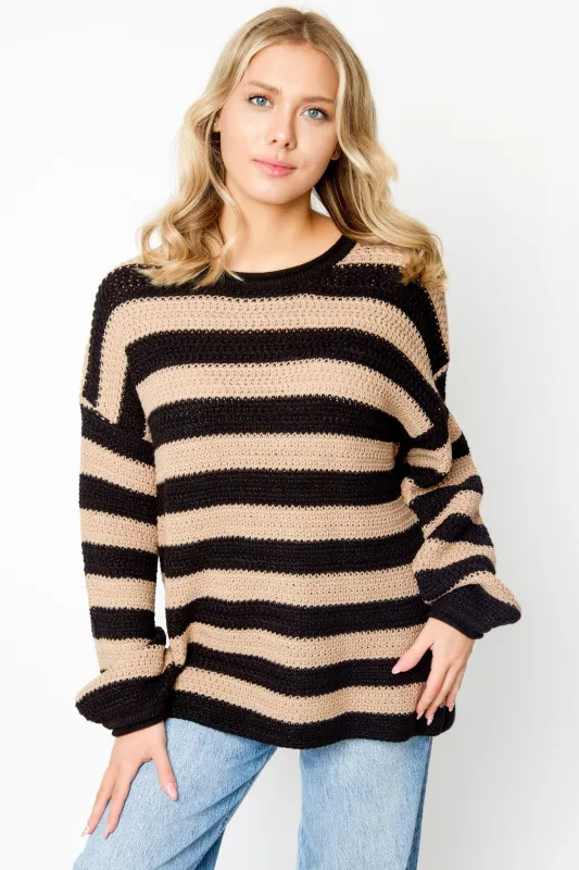 Stripe Crew-Neck Balloon-Sleeve Novelty Knit Sweater sold by Eclipse