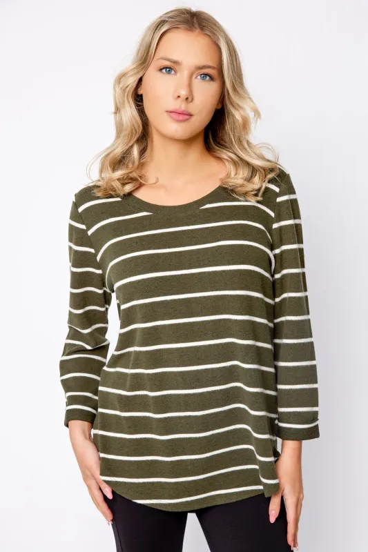 Thin Stripe Scoop-Neck 3/4 Sleeve Sweater with Shirttail Hem sold by Eclipse